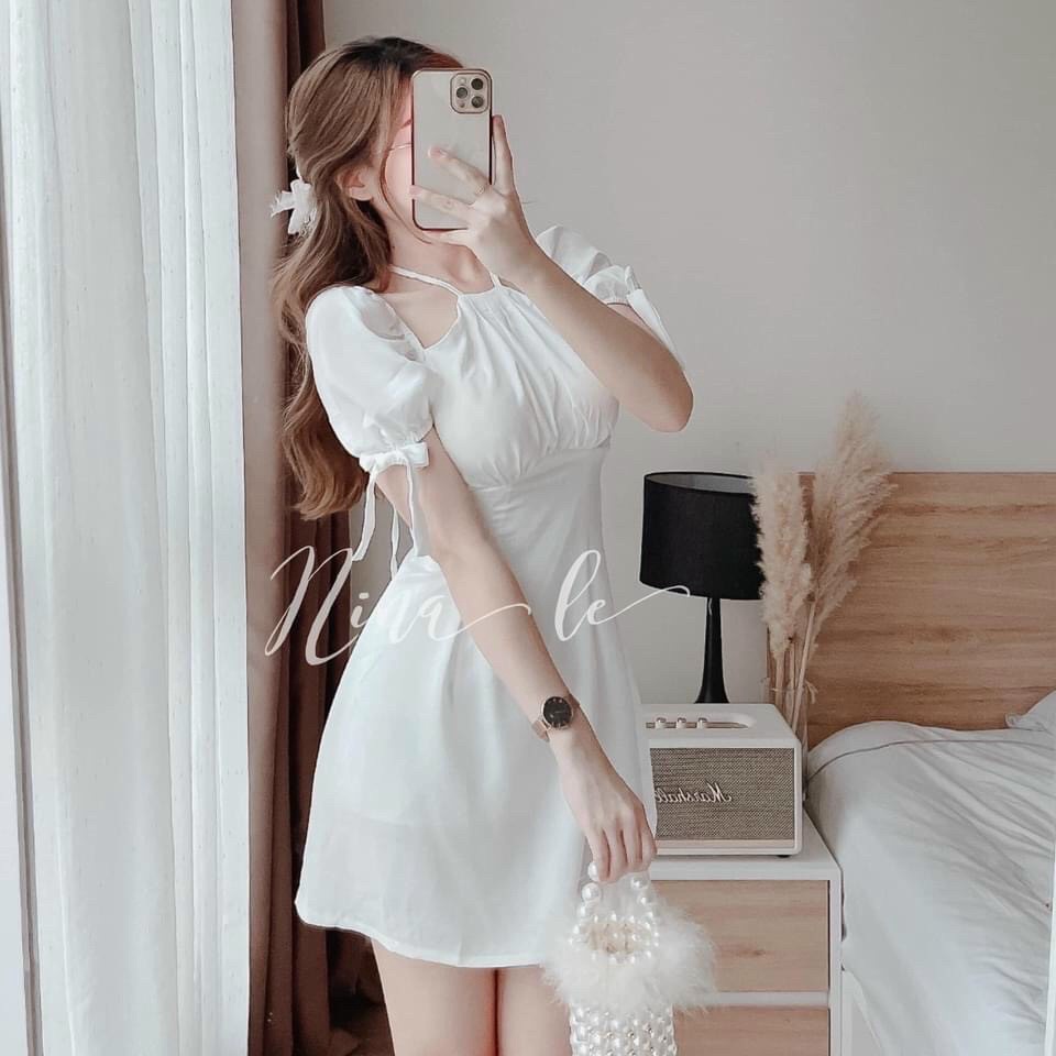 Đầm tiểu thư tay phồng, váy nữ đi tiệc dáng xòe bồng, đầm cổ yếm tay phồng, đầm nữ đi tiệc