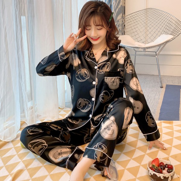 Bộ Đồ Ngủ Vải Lụa Satin Tay Dài In Hình Gấu Winnie M-5XL Plus Size Cho Nữ