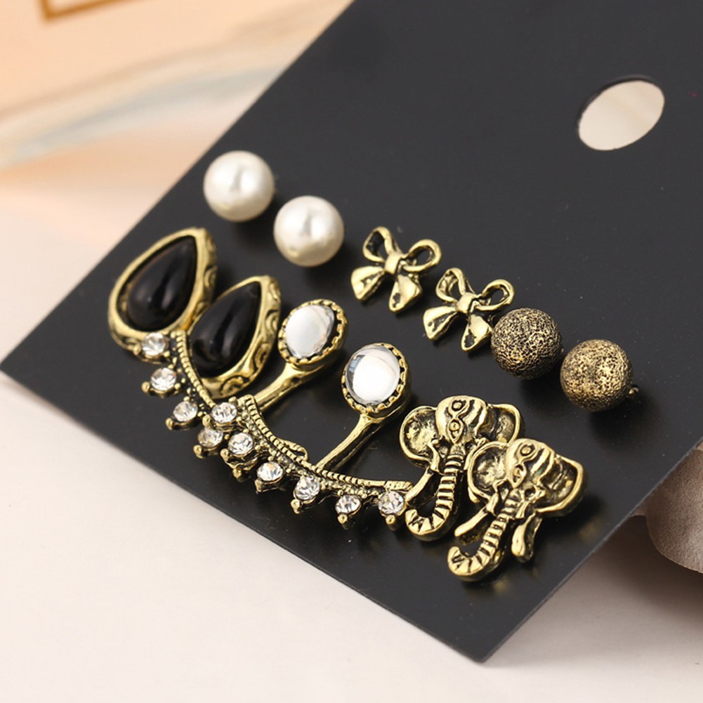 Set 6 Đôi Khuyên Tai HìNh Nơ / Voi ĐíNh Kim Cương Giả ThờI Trang Cho Nữ