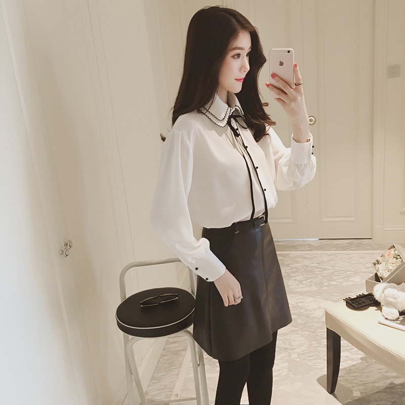 Áo sơ mi nữ trắng cổ điển voan thắt nơ tay dài mùa xuân và mùa thu phong cách mới Hàn Quốc mỏng vừa vặn