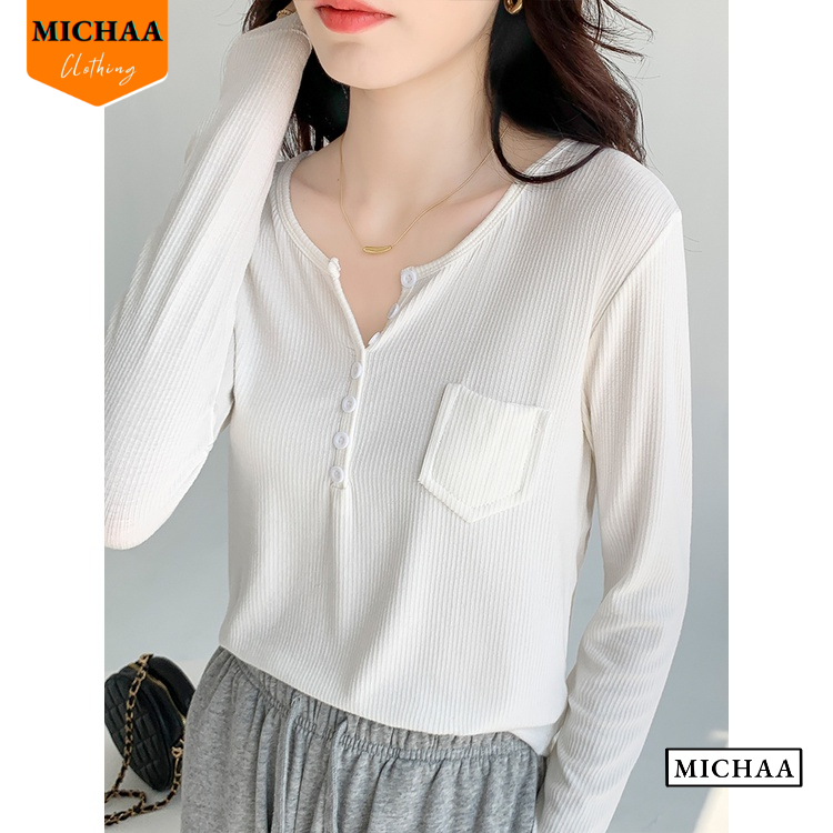 Áo Thun Tay Dài VẠT BẦU CÀI NÚT Nữ Có Túi, Áo Thun Basic Chất Thun Gân Dáng Dài Thời Trang - MICHAA ADD07
