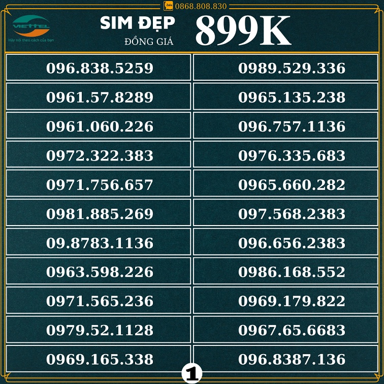 Sim Số Đẹp Viettel trả trước giá rẻ đầu 09 phong thủy tài lộc đồng giá 899k list 1 - HỖ TRỢ ĐĂNG KÝ CHÍNH CHỦ