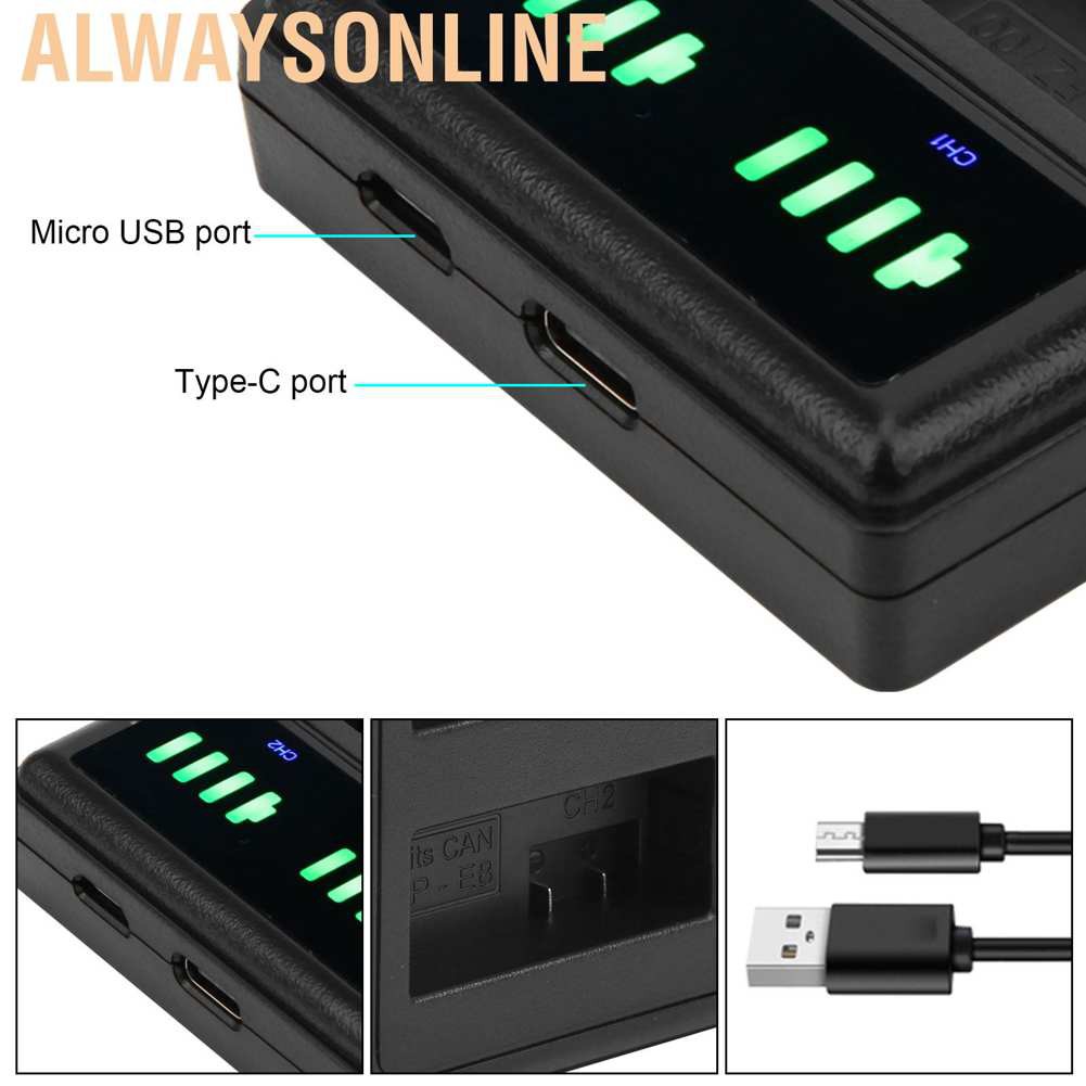 Alwaysonline Double Charging Station Fast Charger Micro Type‑C LCD Display for LP‑E8 Camera Battery