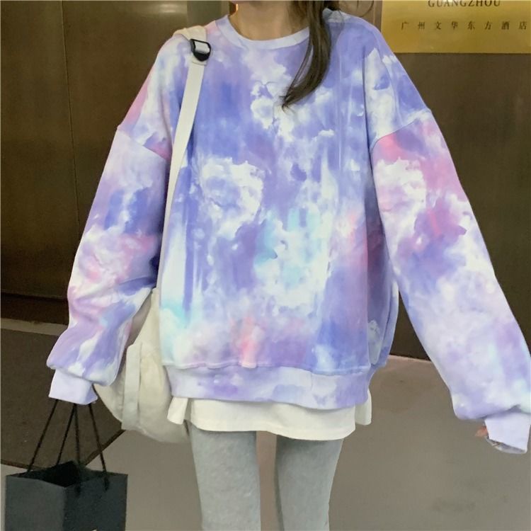 Áo hoodie dài tay dáng rộng màu nhuộm phong cách Hàn Quốc thiết kế mới