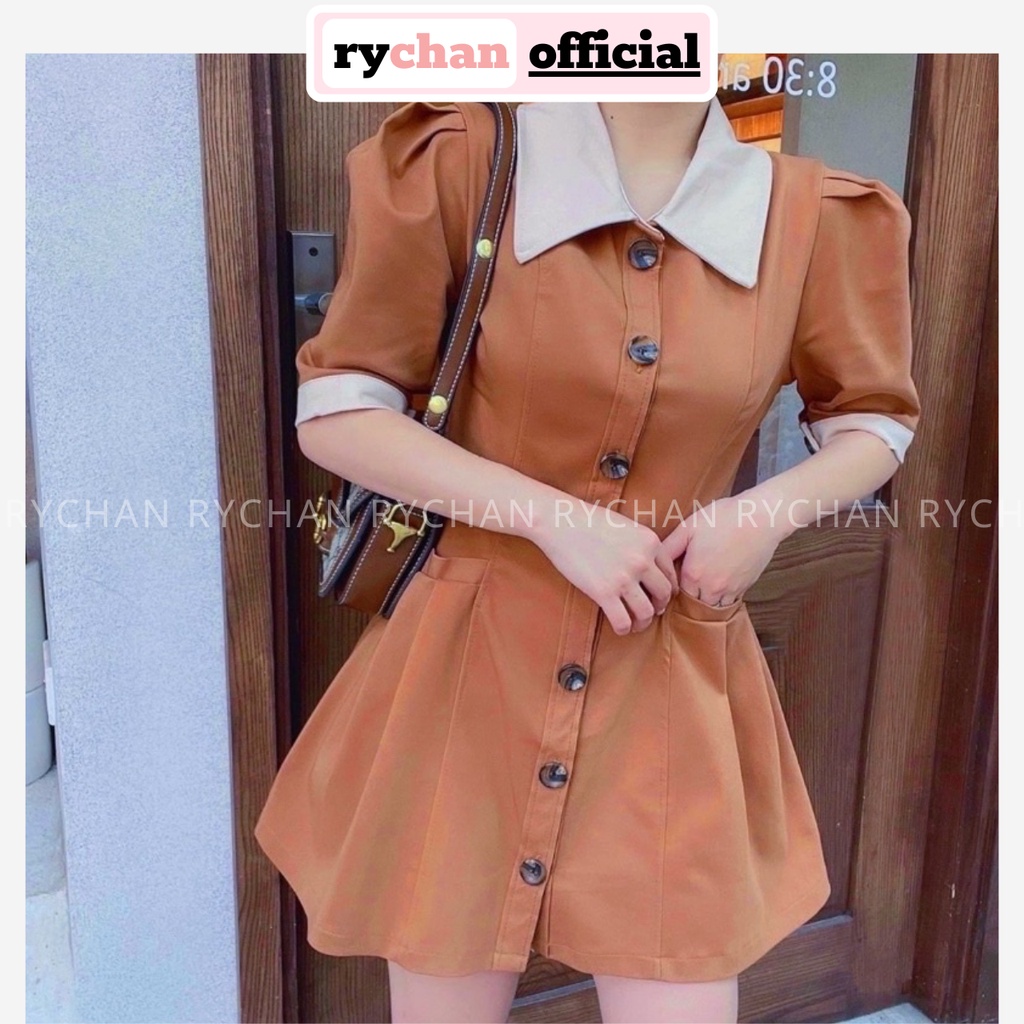Đầm Thiết Kế Nữ Dáng Xòe Phối Cổ Sơ Mi Trắng Nút Trước Tay Phồng Bo Eo Sang Trọng Màu Nâu Kem [ẢNH THẬT CUỐI] - DX9882