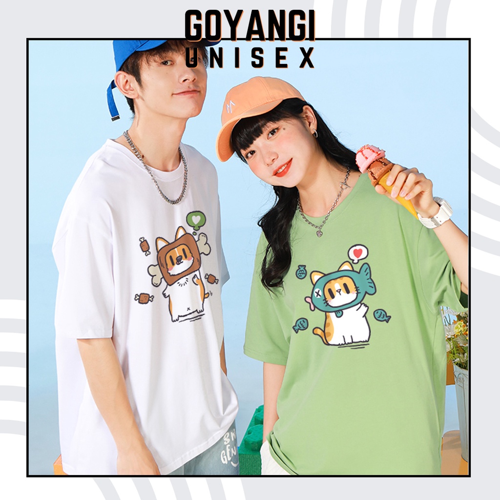 Áo phông đôi tay lỡ cute GYG Meat&Fish cho các cặp đôi nam nữ in hình chó và mèo