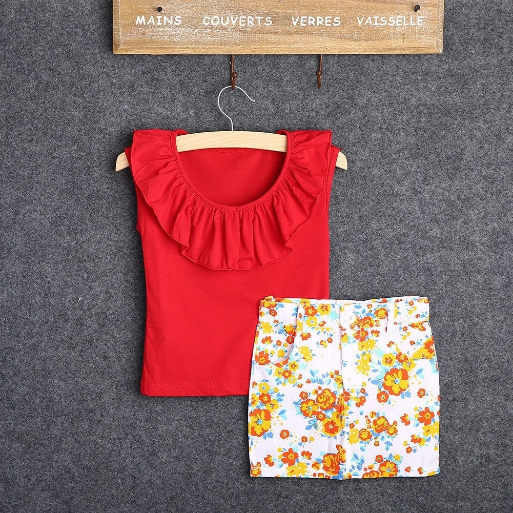 Bộ Áo Cotton Đỏ + Chân Váy Bút Chì Họa Tiết Hoa Cho Bé Gái 2017
