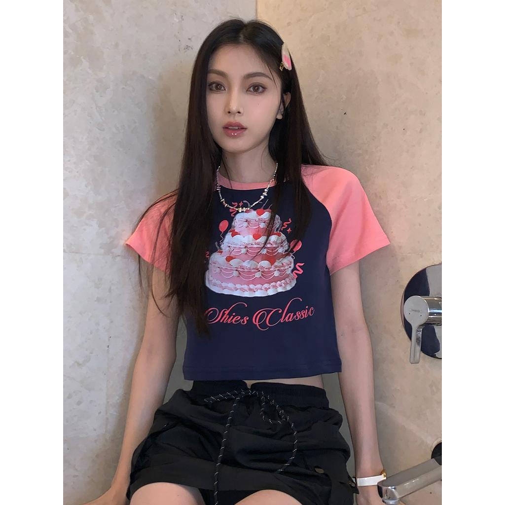 Áo Thun Dáng Ôm Ngắn In Họa Tiết Màu Sắc Tương Phản Phong Cách Retro Mỹ 62006