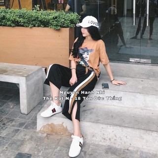 [RẺ VÔ ĐỐI] Sét cô gái đội mũ kèm quần ống rộng sọc nâu trắng K.HJ7677