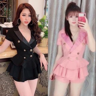 Sét áo cổ vest tầng kết nút phối quần đùi
