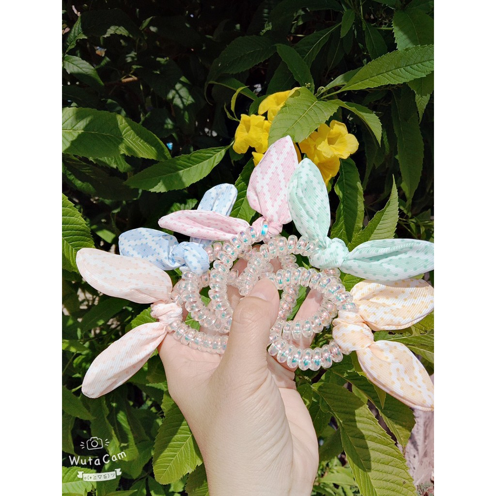 Dây cột tóc lò xo trong suốt có nơ thỏ vải siêu cute