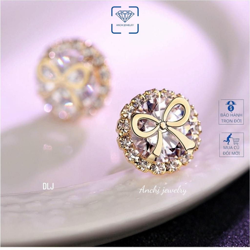 Bông tai nữ tròn đính đá mạ vàng, chuẩn bạc ta, Anchi jewelry