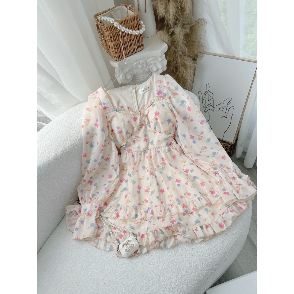 ĐẦM HOA CÚP NGỰC BÈO RỚT VAI TAY DÀI XÒE NHẸ