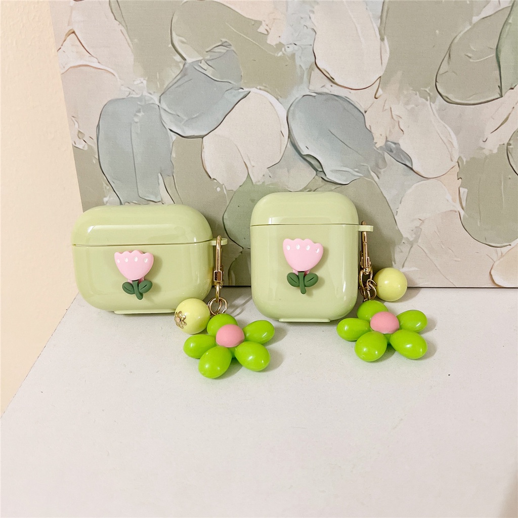 Vỏ Bảo Vệ Hộp Sạc Tai Nghe AirPod 1/2/3 Pro 1/2/3 Bằng Silicon Họa Tiết Hoa Màu Xanh Lá Đơn Giản