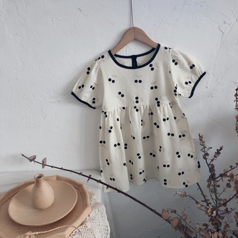 Korean Kids Girls Fashion Sweet Style Cherry Print Lantern Sleeve Design Dress