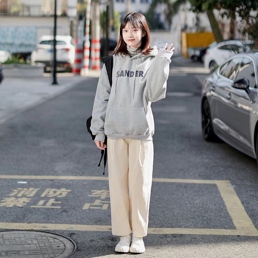 Áo hoodie ZHELIHANGFEI tay dài dáng rộng in họa tiết phong cách đi học