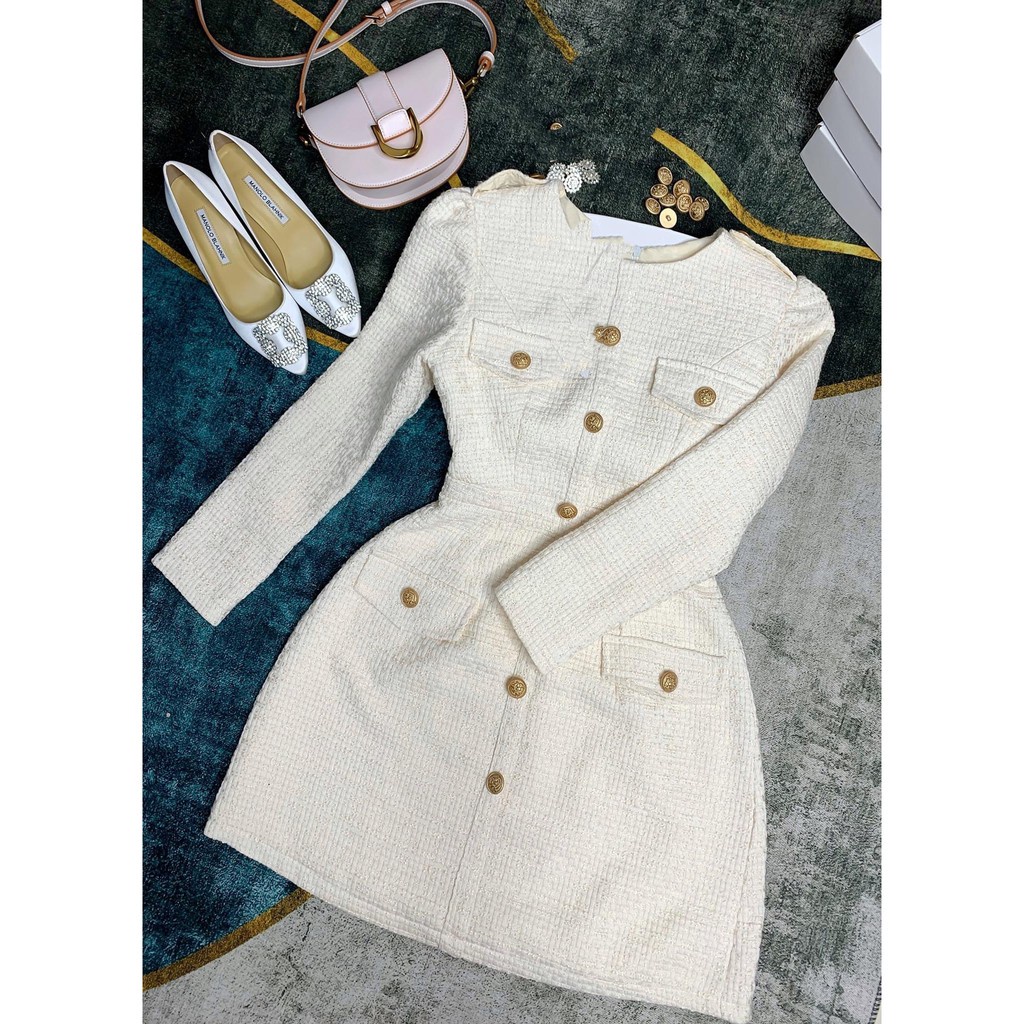 Váy Dạ Tweed nữ màu trắng phong cách Hàn Quốc, Đầm Dạ Nữ thiết kế cao cấp, 2 lớp dày dặn thấm hút mồ hôi cực tốt | BigBuy360 - bigbuy360.vn