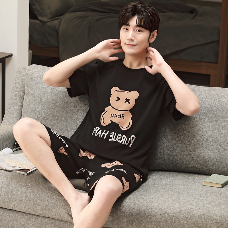 Bộ Đồ Ngủ Tay Ngắn Chất Liệu Cotton Mỏng In Họa Tiết Hoạt Hình Thời Trang Xuân Hè Cho Nam