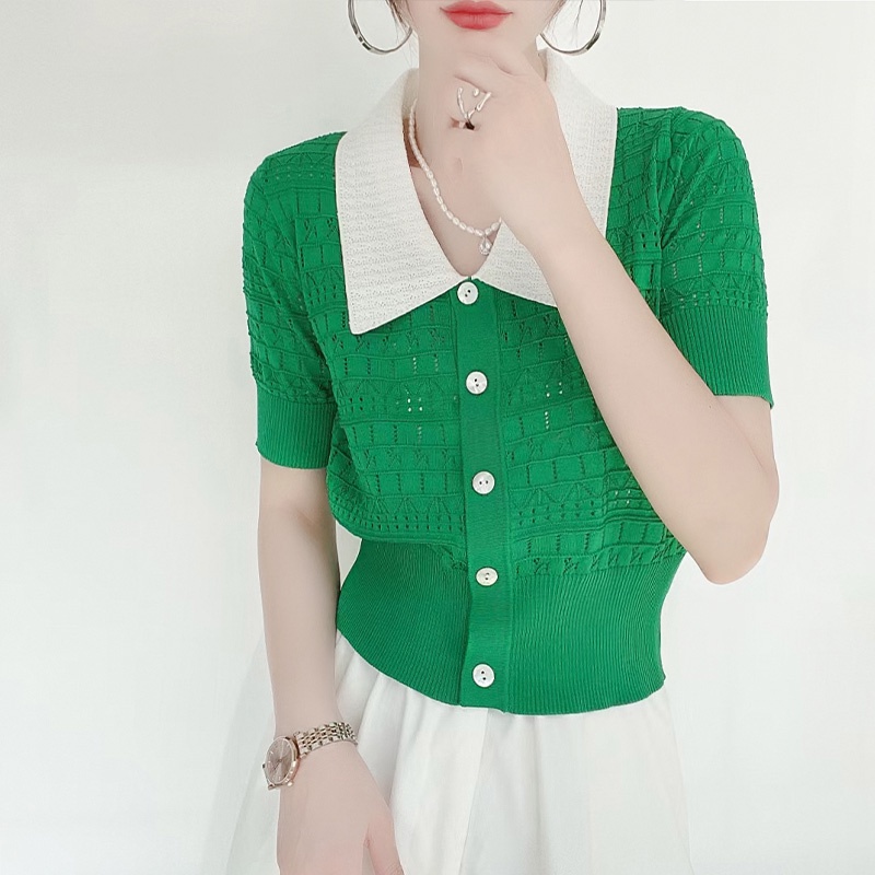 Áo Cardigan Dệt Kim Mỏng Tay Ngắn Dáng Ôm Phối Dây Xích Thời Trang Cho Nữ