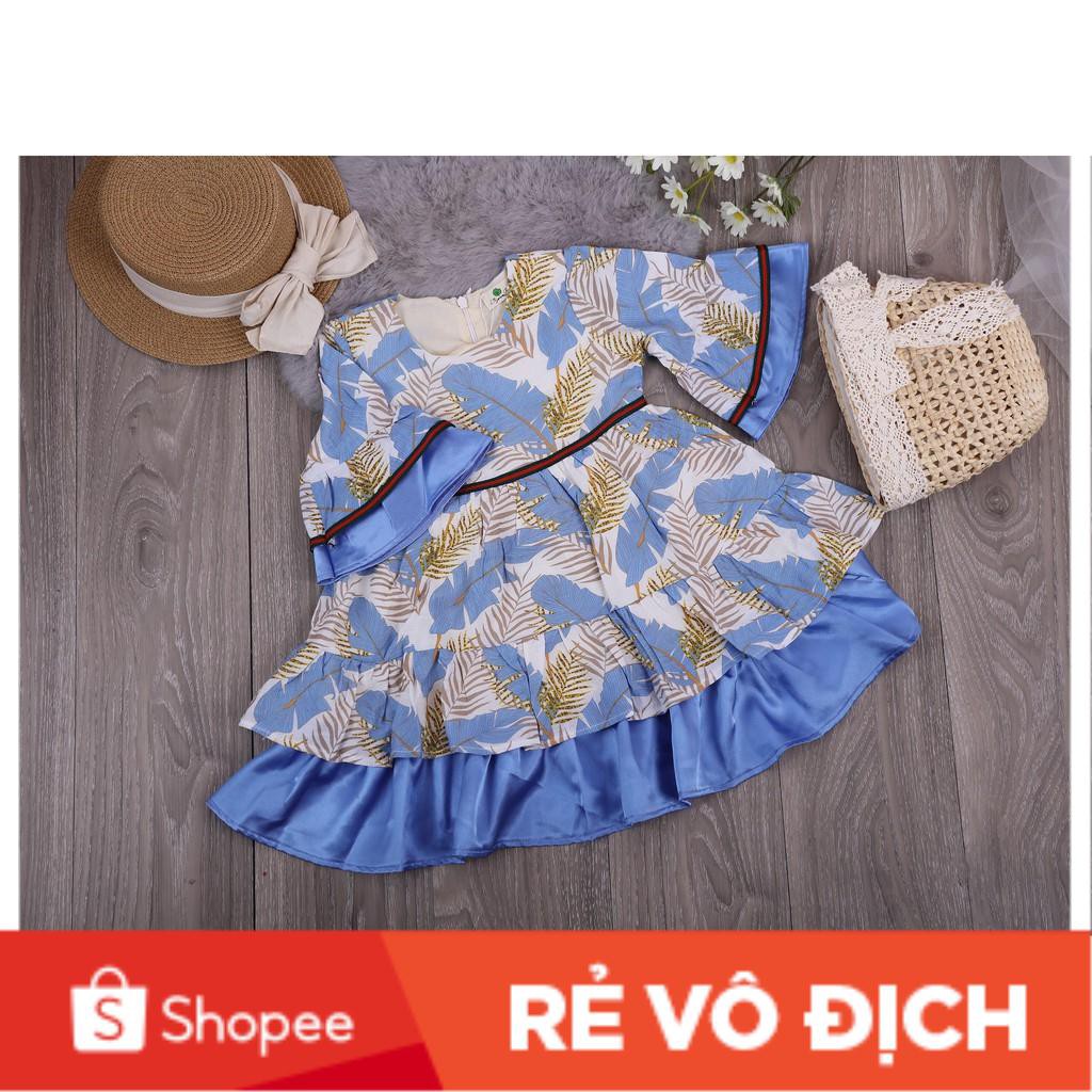 Váy thô đũi phối lụa  tay lỡ họa tiết lá bé gái size 3-10T, cho bé từ 13-32kg. Chất thô đũi đẹp, đanh tay