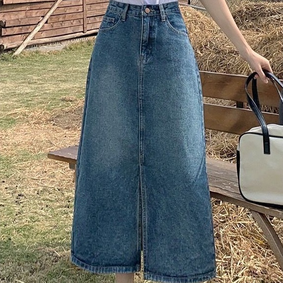 Chân váy SUXI jean dáng chữ A lưng cao màu sắc đơn giản trẻ trung