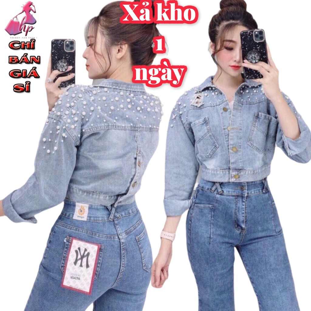 áo khoác jeans nữ lửng đính ngọc cao cấp dáng ngắn tay dài phong cách hàn quốc kiểu mới đẹp thời trang 2021 bán giá sỉ