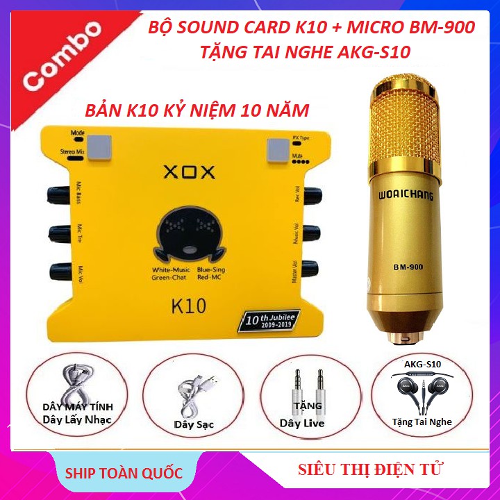 Combo Bộ Hát Livestream, Mic BM900 + Card xox K10 Bản Kỷ Niệm 10 năm + Tặng Tai Nghe + Đủ Dây Livestream