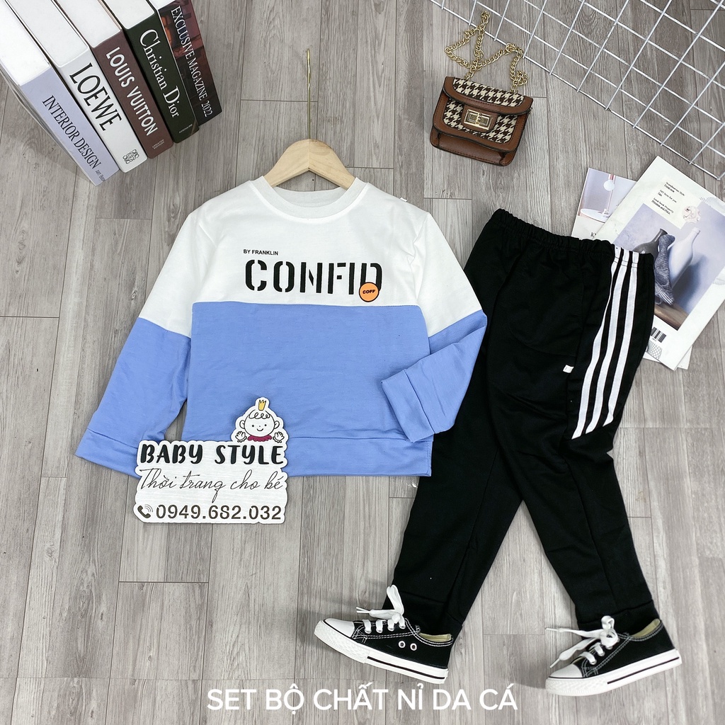 Bộ quần áo thu đông dài tay cho bé trai "VEGIAS!" 14-45kg. Thiết kế năng động, thoải mái. Vải nỉ da cá. STB44