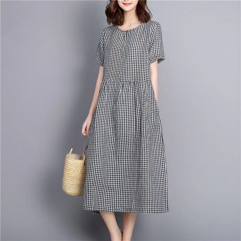 {Hàng sẵn} Đầm váy công sở dáng xòe cổ tròn chiết eo tặng kèm dây thắt eo chất thô đũi mềm mát