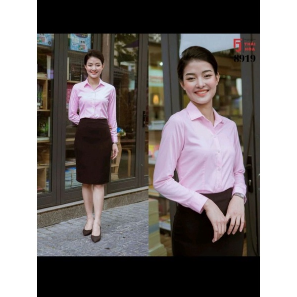 Áo sơ mi nữ Thái Hòa hồng trơn chất sợi tre co giãn.