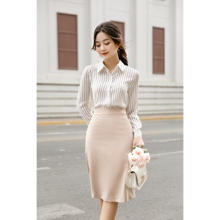 Áo Sơ Mi Công Sở Nữ GILLEE Lụa Cát Sọc White