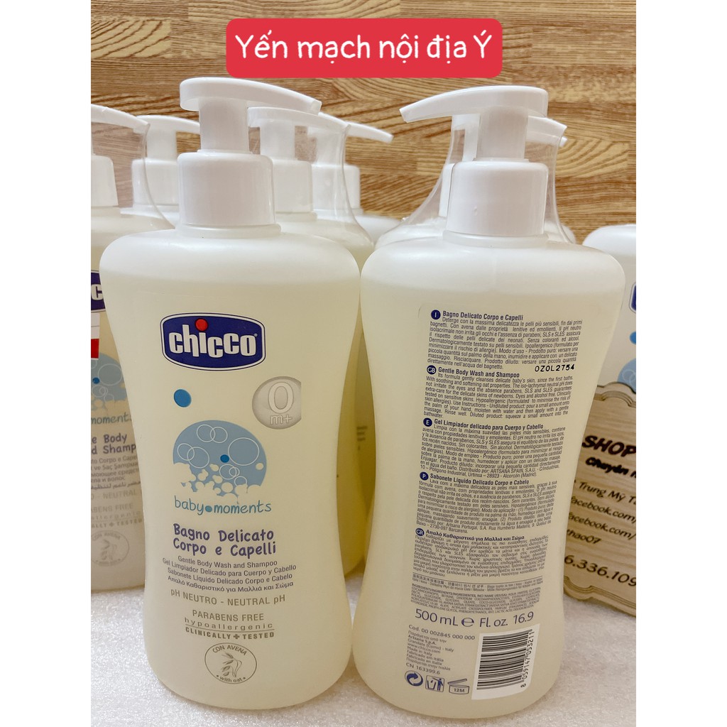 Sữa tắm gội Chicco 500ml cho bé chiết xuất từ yến mạch/ hoa cúc/ nha đam cho bé 0M+