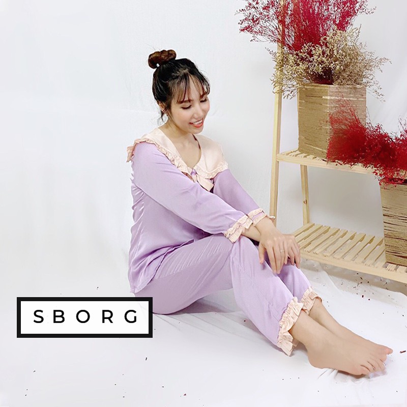 Đồ bộ nữ SBORG kiểu cute mặc nhà chất lụa satin cổ bèo nơ tay dài viền dún có túi freesize quà tặng vợ