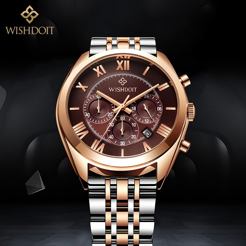 【Official product】WISHDOIT Multifunction Three-eye chronograph Sports waterproof swim watches stainless steel business casual watch Popular watches Calendar function Quartz watch Student watch.