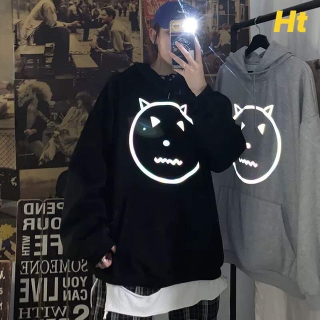 Áo hoodie nỉ mũ phản quang mặt quỷ