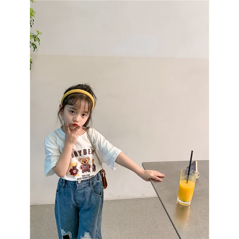 Áo Thun 100% Cotton Cổ Tròn Tay Ngắn In Họa Tiết Hoạt Hình Phong Cách Hàn Quốc Thời Trang Mùa Hè Cho Bé Gái