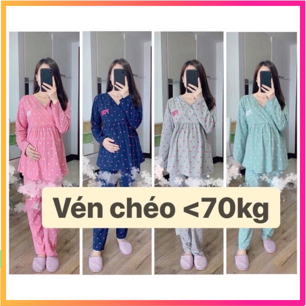 Bộ đồ bầu DÀI TAY PINK VẠT CHÉO họa tiết chấm bi chất cotton mặc bầu và sau sinh