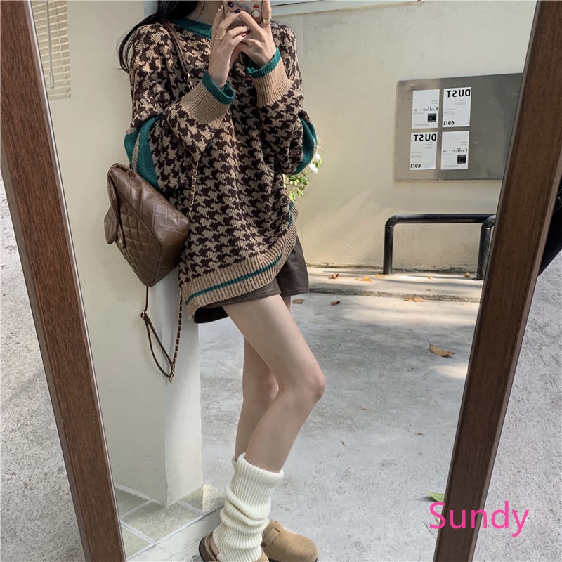 Áo Sweater Dệt Kim Tay Dài Dáng Rộng Kiểu Vintage Phương Tây Thời Trang Mùa Thu Cho Nữ