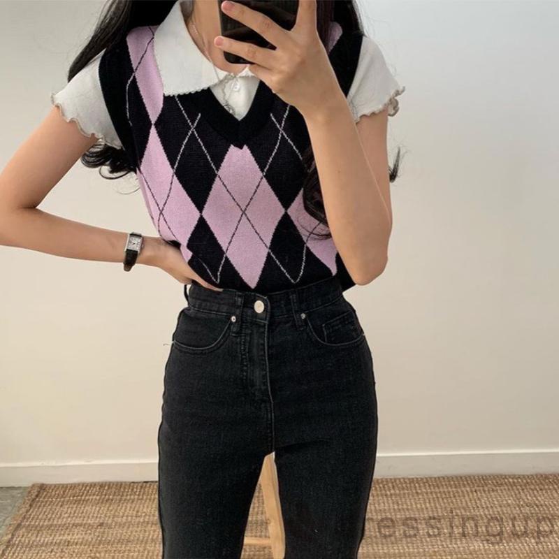 Áo Dệt Kim Nữ Không Tay Cổ Chữ V Màu Hồng / Xám