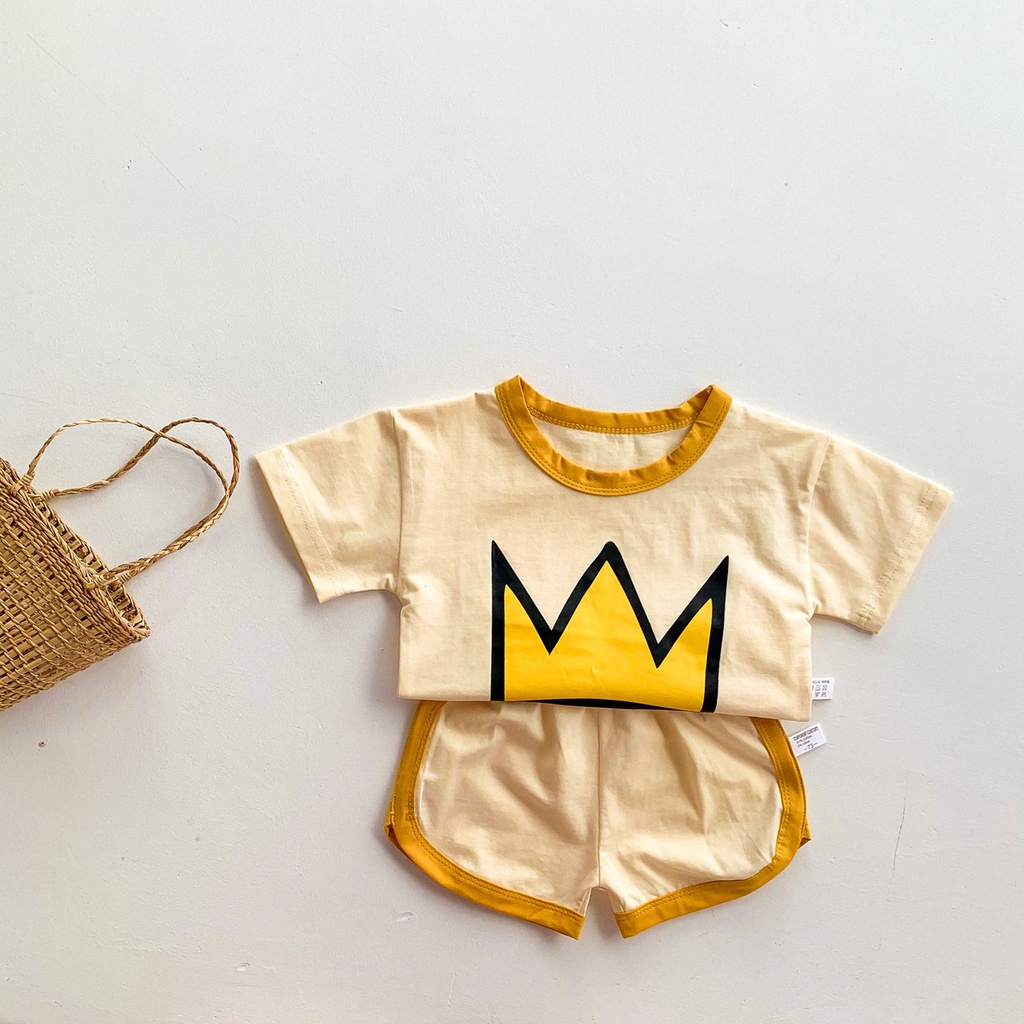 Set áo thun tay ngắn + quần short in hình vương miện dễ thương cho bé 0-4 tuổi
