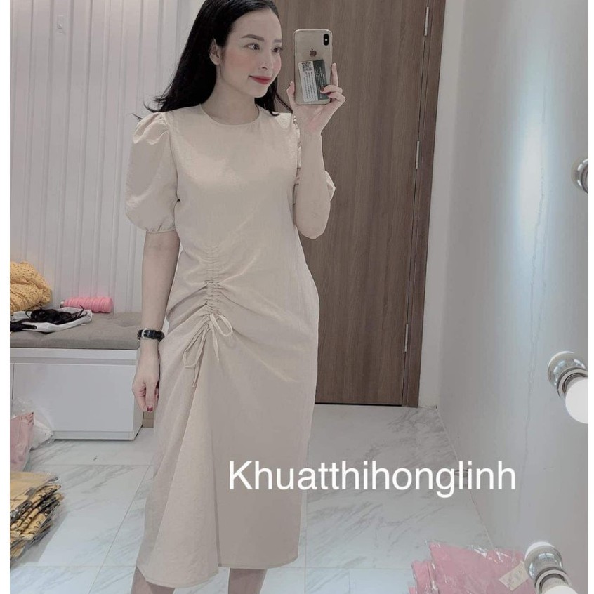 váy suông trơn tay bồng rút eo chất đũi