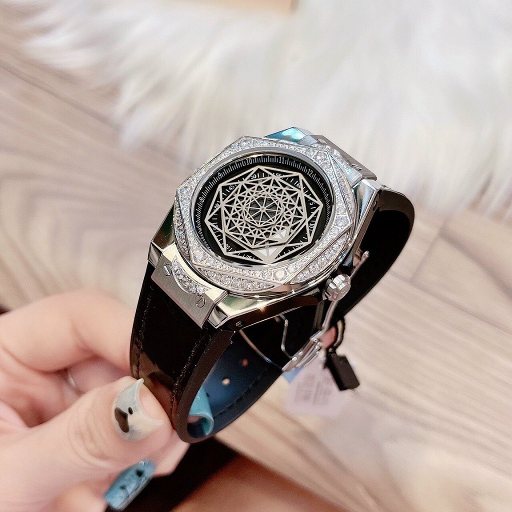 Đồng Hồ Huboler Hanboro Nữ Dây Silicon Bọc Da Đen Silver Authentic 38mm