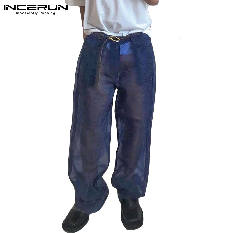 Quần lưới INCERUN xuyên thấu ống rộng thời trang gợi cảm cho nam