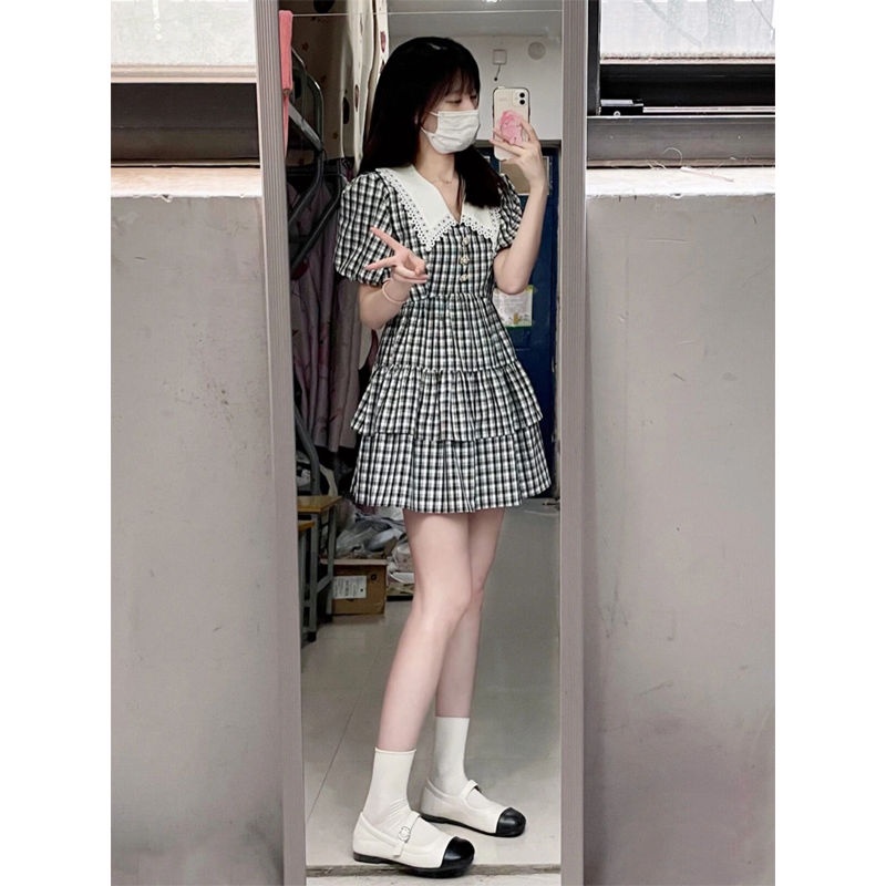 Đầm Chữ a Cổ Búp Bê Họa Tiết Kẻ Sọc Ngọt Ngào Thời Trang Mùa Hè Cho Nữ