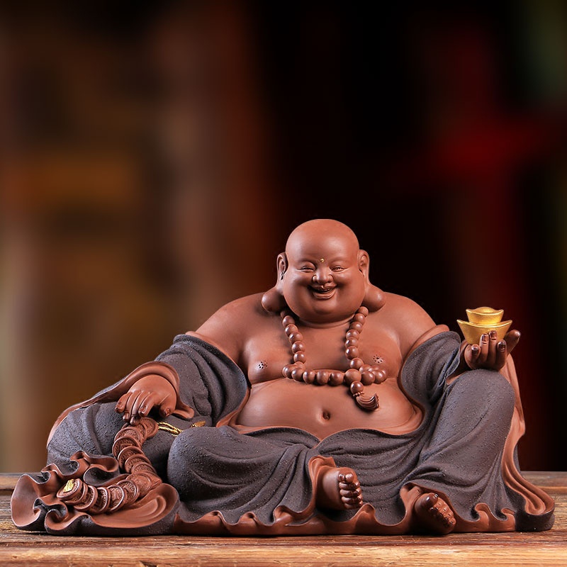 Tượng Di Lặc Vui Vẻ ngồi gốm Tử Sa cao cấp - Tượng Di Lặc ngồi kèm đế gỗ - Tự Thanh