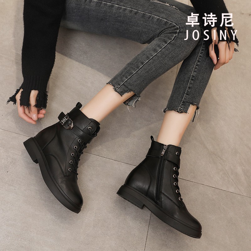 ⊕◑Josiny Martin boots nữ 2020 giày mới thu đông kết hợp tất cả phong cách Anh cộng với nhung mỏng cổ ngắn màu trắng