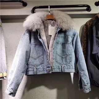 019 Áo khoác bò nữ, áo khoác jeans cổ lông, lót lông mềm mịn