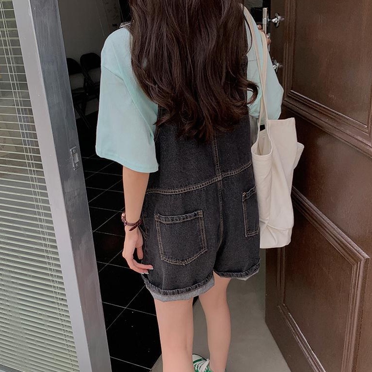 Quần yếm SUXI denim ống rộng lưng cao màu sắc trơn thời trang cho nữ