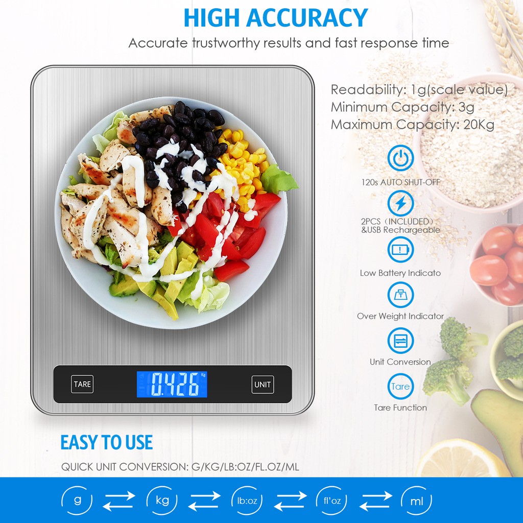 Cân Thực Phẩm Điện Tử Chính Xác Có Cổng Sạc Usb (3g - 20kg)