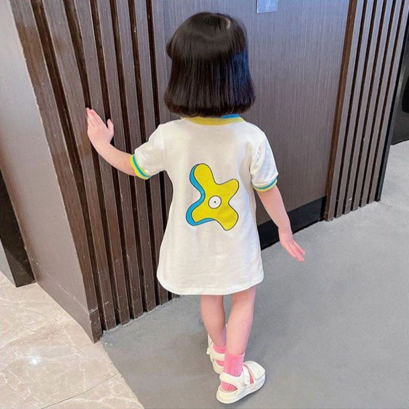 Đầm Thun Cổ POLO Dáng Rộng Họa Tiết Hoa Nhỏ Xinh Xắn Thời Trang Cho Bé Gái